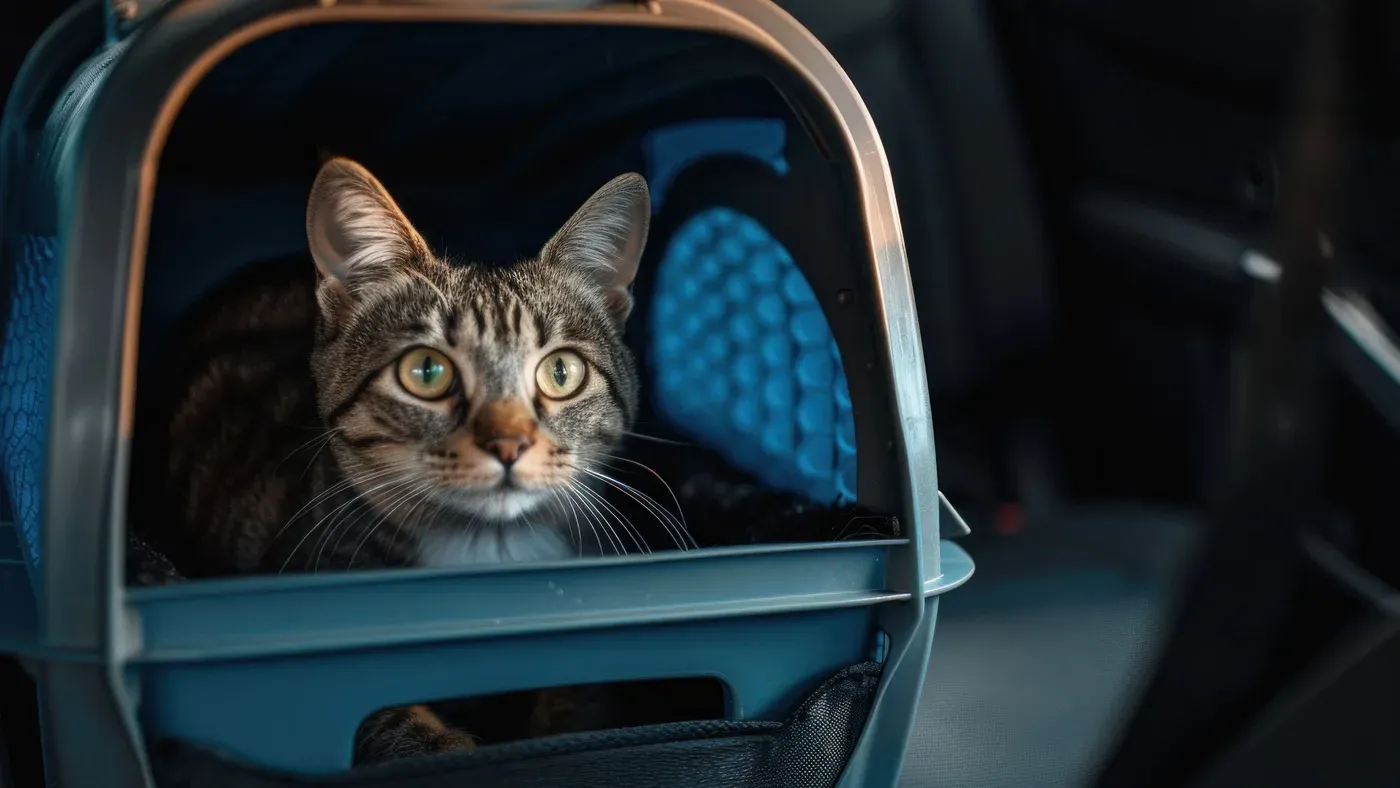 Katt i en transportbur i baksätet på en bil